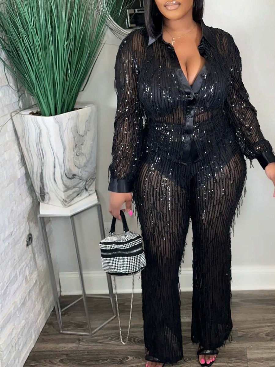 LW SXY Plus Size Tassel Design Sequined See Throug