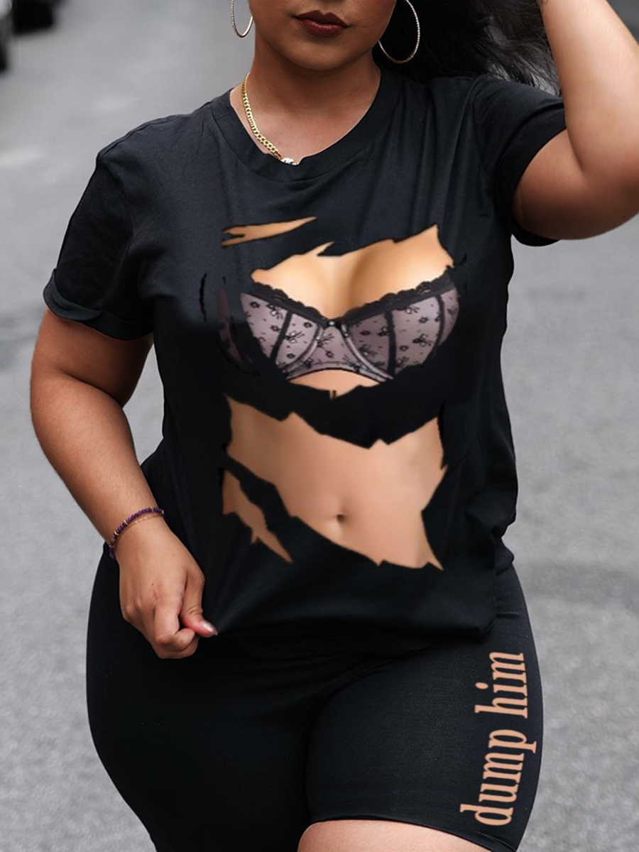 LW Plus Size Body Bra Letter Print Shorts Set