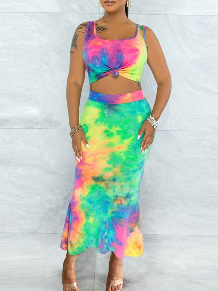 LW Plus Size Tie Dye Cami Trumpet Skirt Set 3X