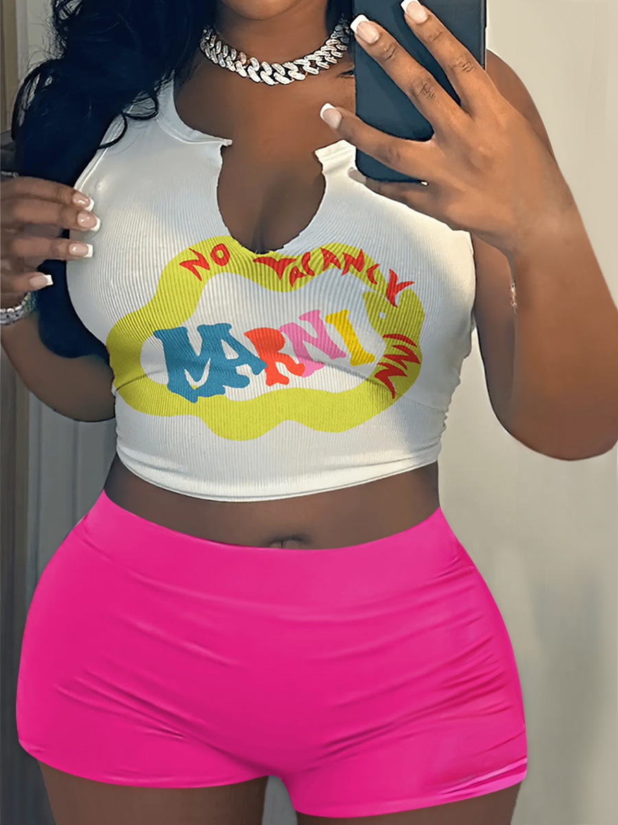 LW Crop Top Letter Print Rib Knit Shorts Set