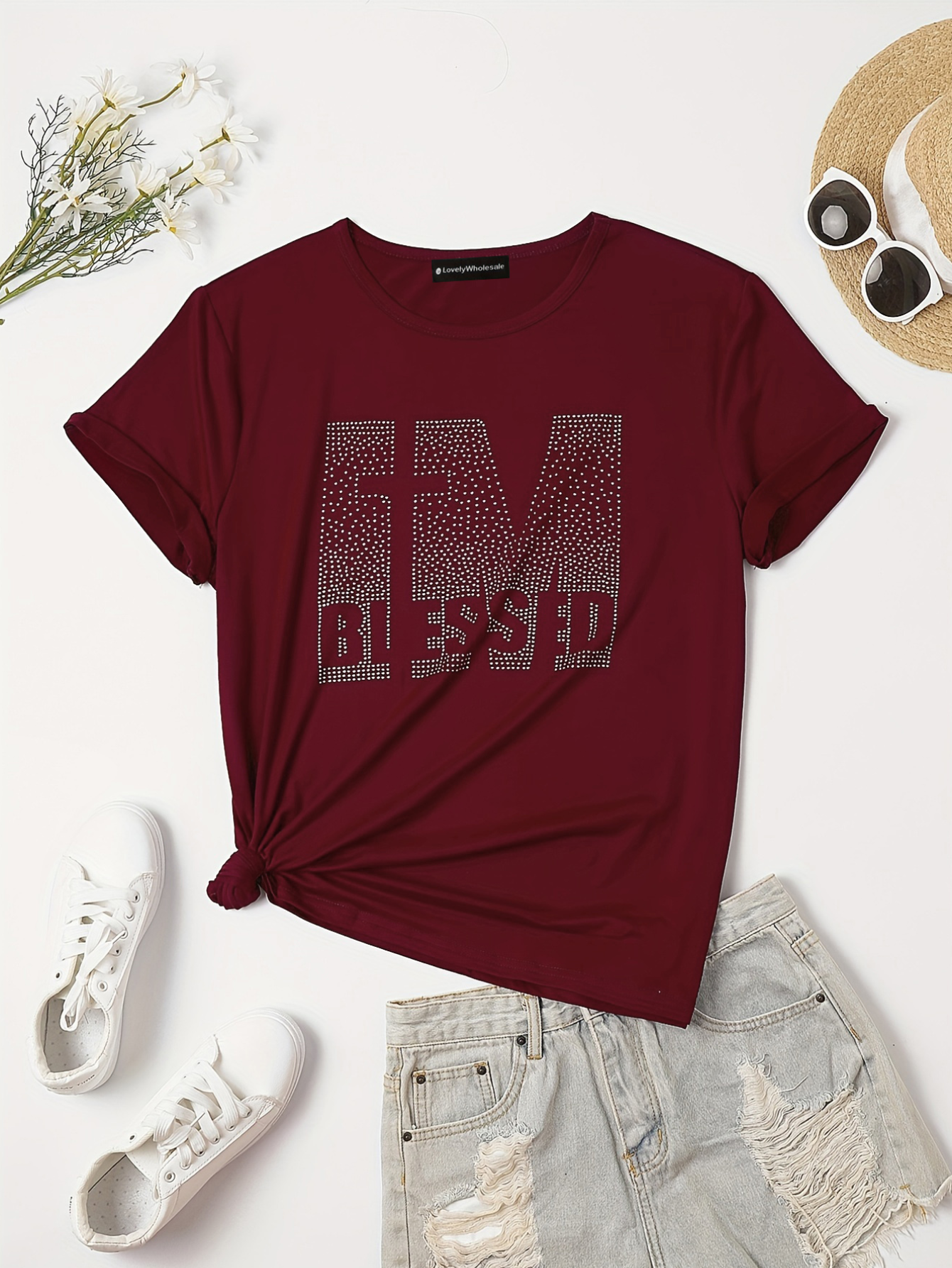 LW Plus Size Rhinestone Blessed Letter T-shirt 2X