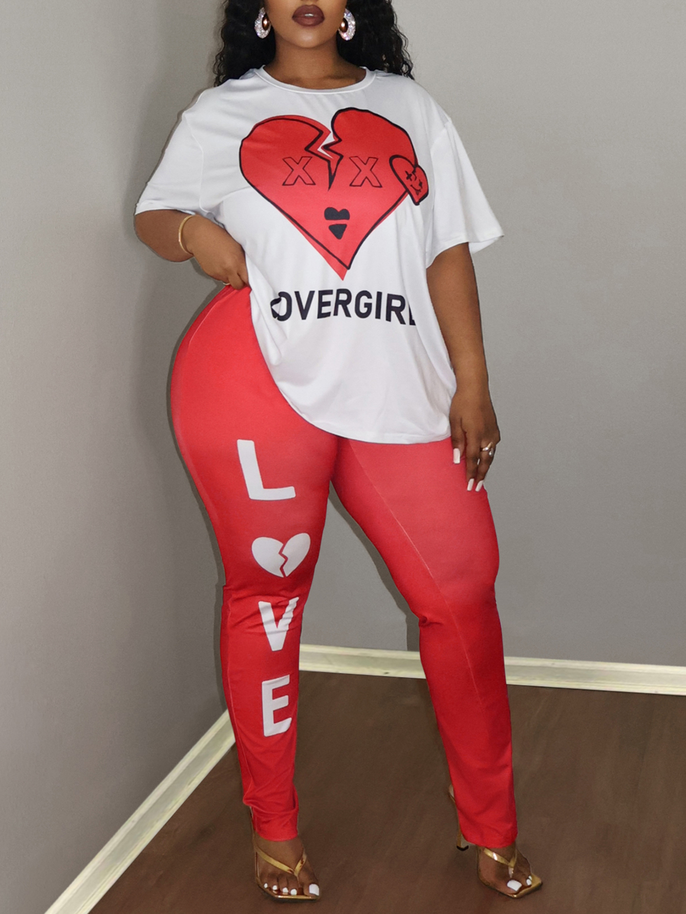 LW BASICS Plus Size Broken Heart Letter Print Pants Set
