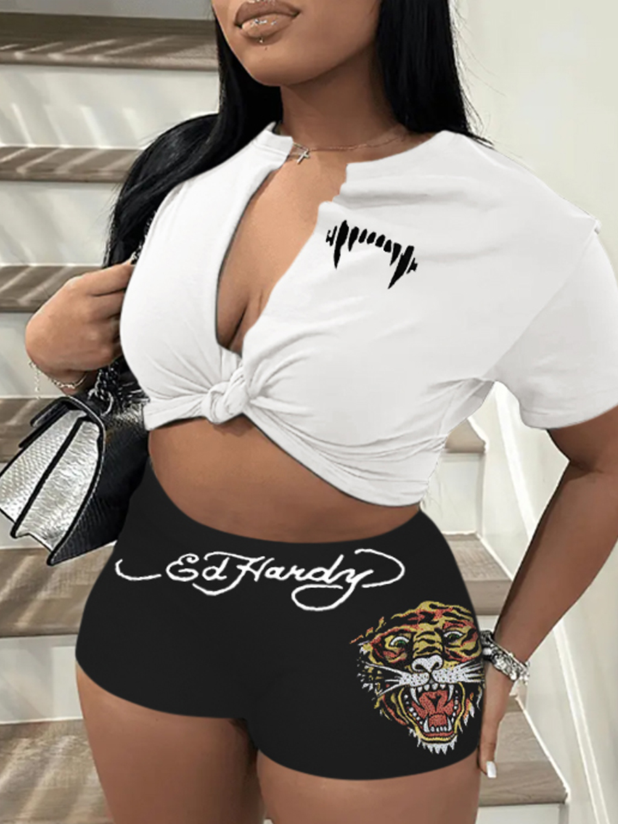 LW Letter Print Bandage Design Shorts Set