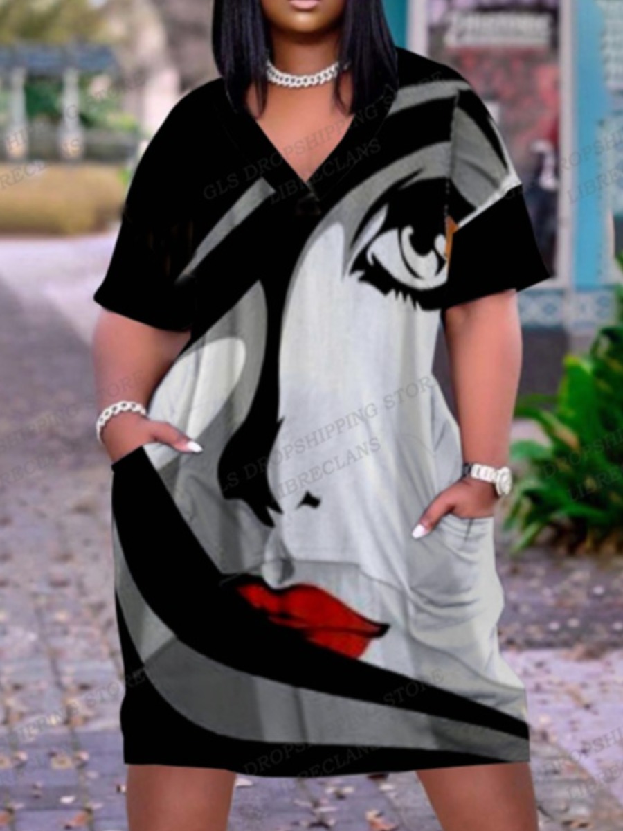 LW Plus Size V Neck Figure Print Pocket Design Dre