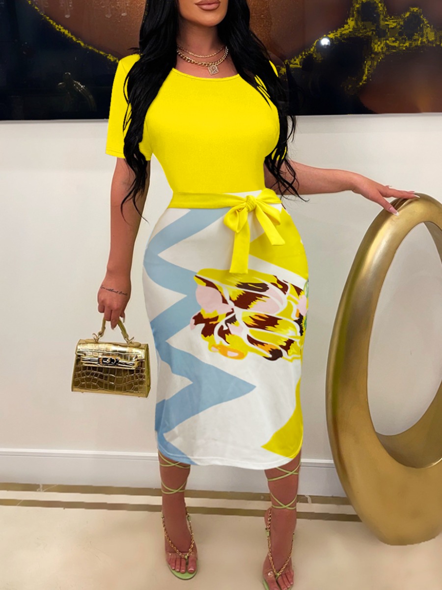 LW Plus Size Mixed Print Belt Design Bodycon Dress