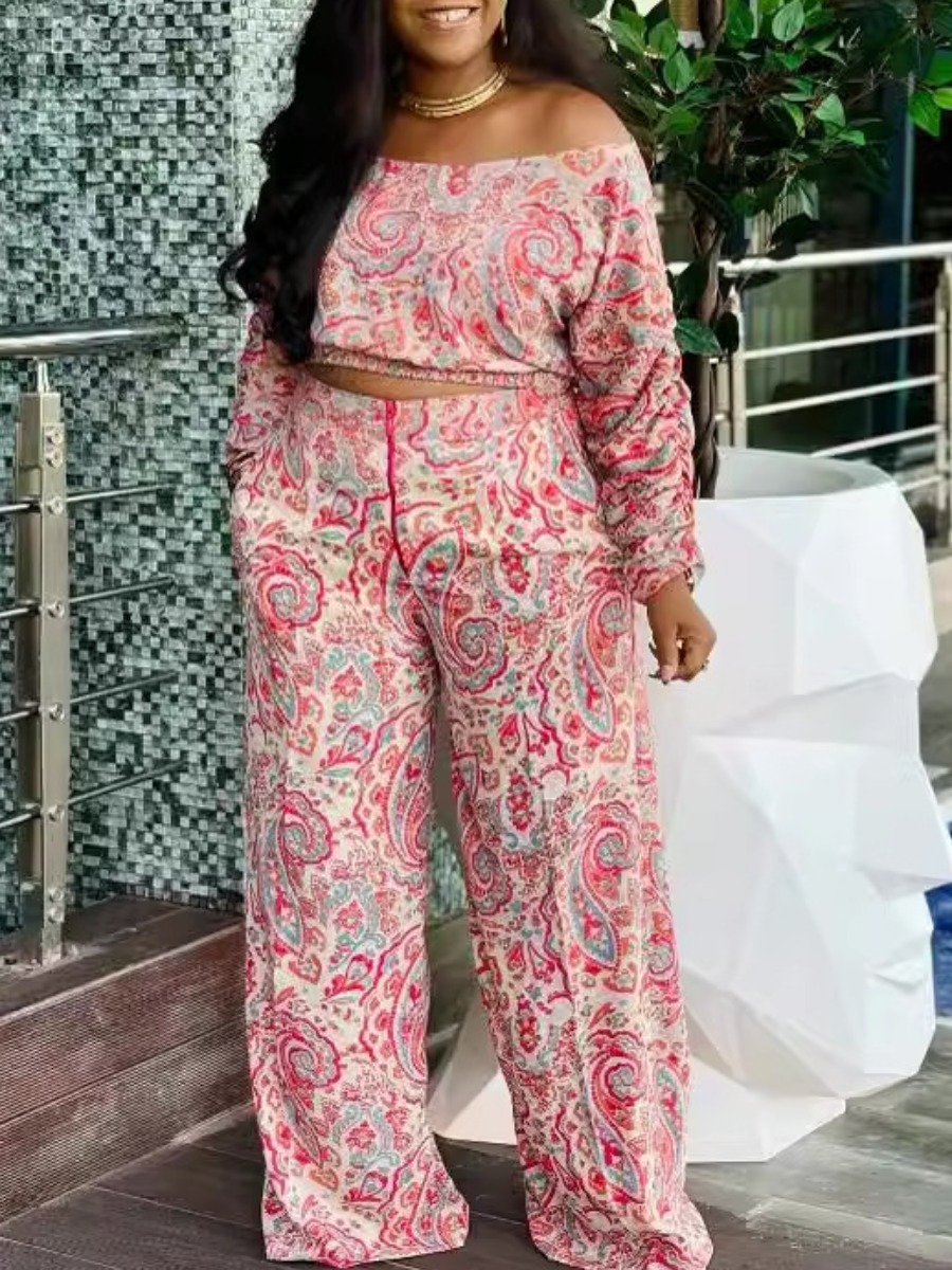 LW Plus Size Off The Shoulder Mixed Print Wide Leg