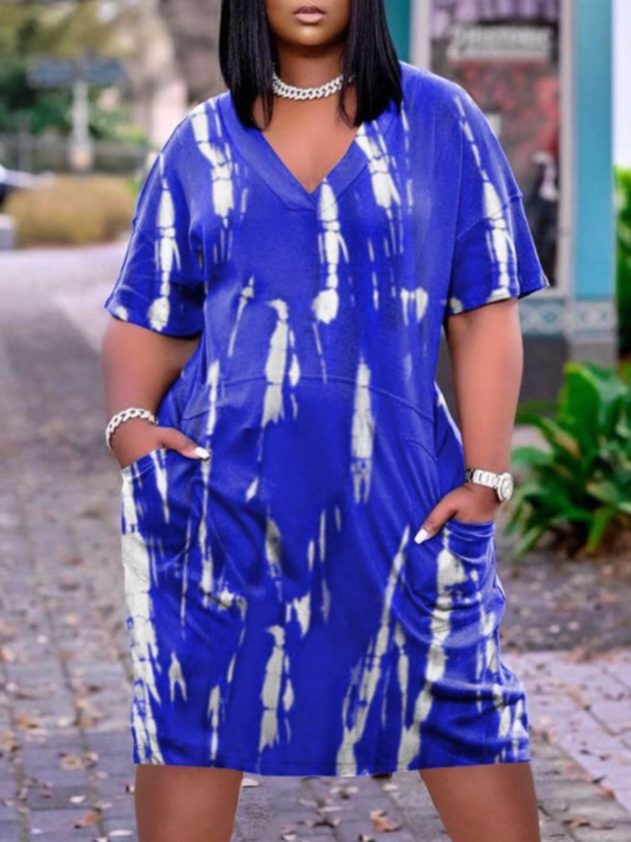 LW Plus Size V Neck Tie Dye Pocket Design Dress