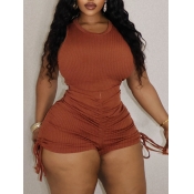 LW BASICS Plus Size Rib Knit Drawstring Shorts Set