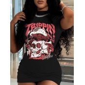 LW Skull Head Letter Print Bodycon Dress