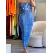 LW Imitation Denim Off The Shoulder Slit Bodycon D