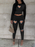 LW Rhinestone Heart Decor Cut Out Pants Set