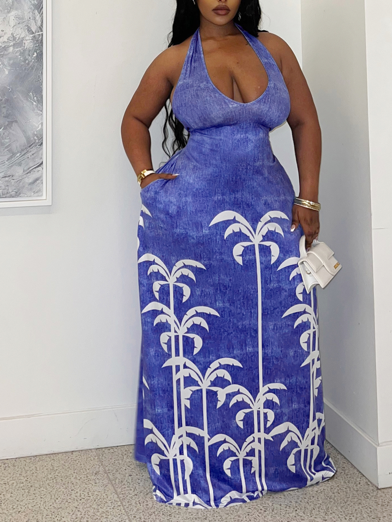 LW BASICS Plus Size Tree Print Backless Bandage Design Dress