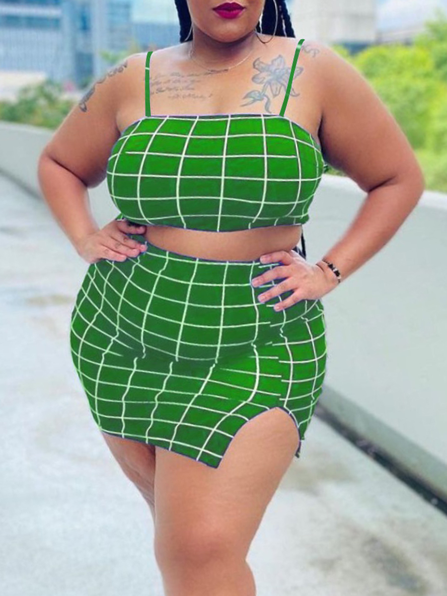 LW Plus Size Crop Top Plaid Print Slit Skirt Set 4X