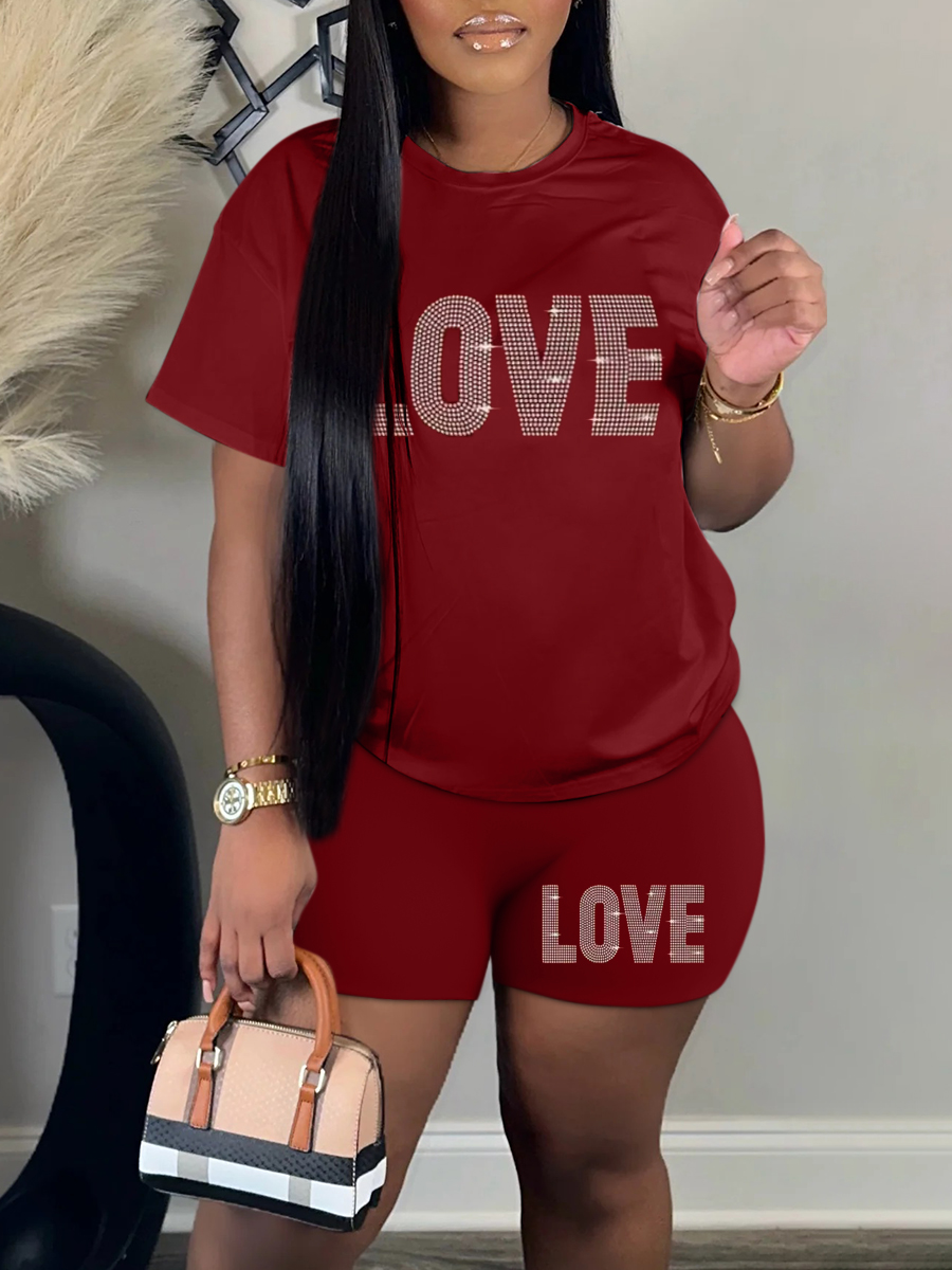 LW Plus Size Rhinestone Love Letter Print Shorts Set