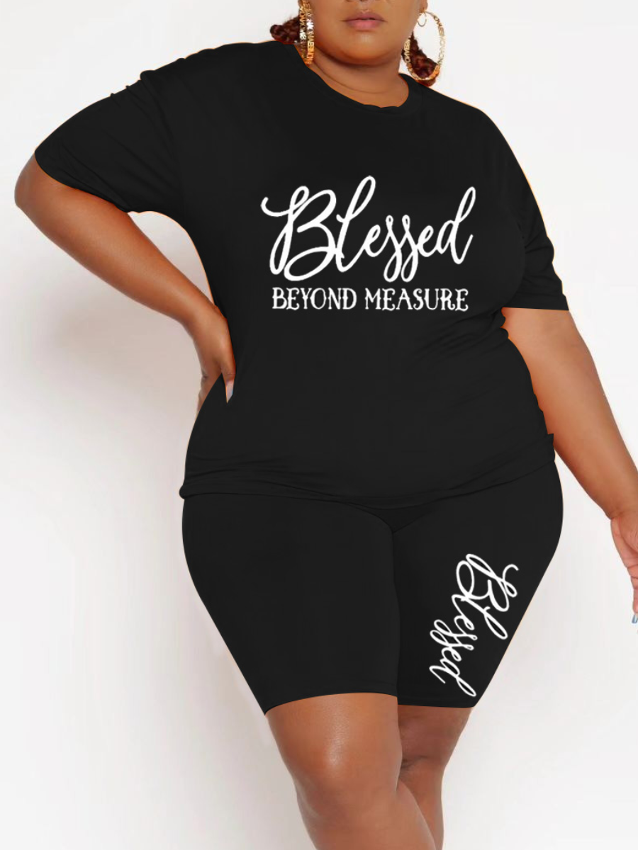 LW Plus Size Round Neck Letter Print Shorts Set