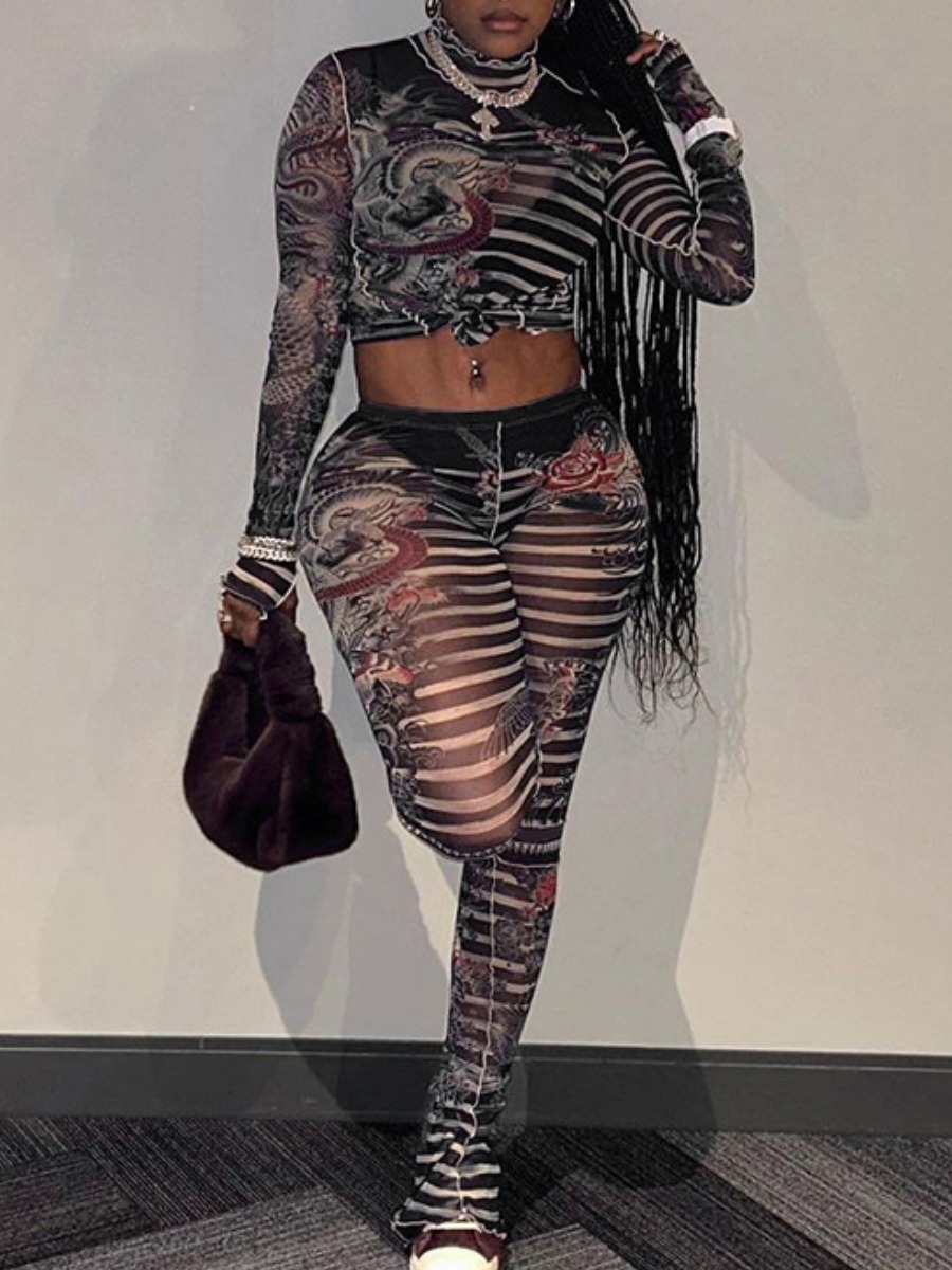 LW Dragon Floral Print Bandage Design Striped Pants Set