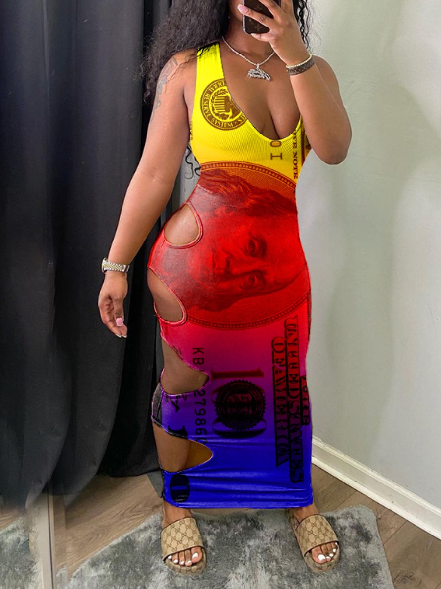 LW Gradient Money Letter Print Cut Out Bodycon Dre