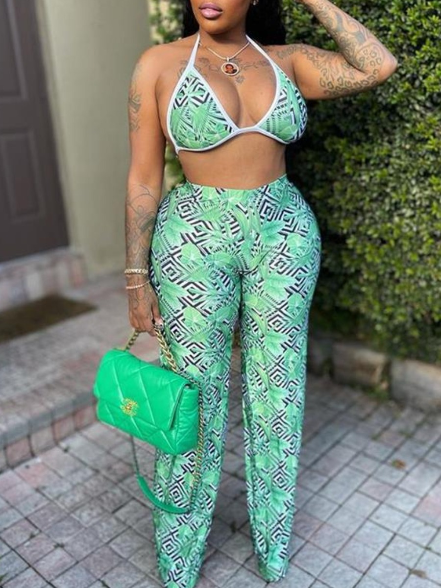 LW Plus Size Bra Floral Geometric Print Pants Set