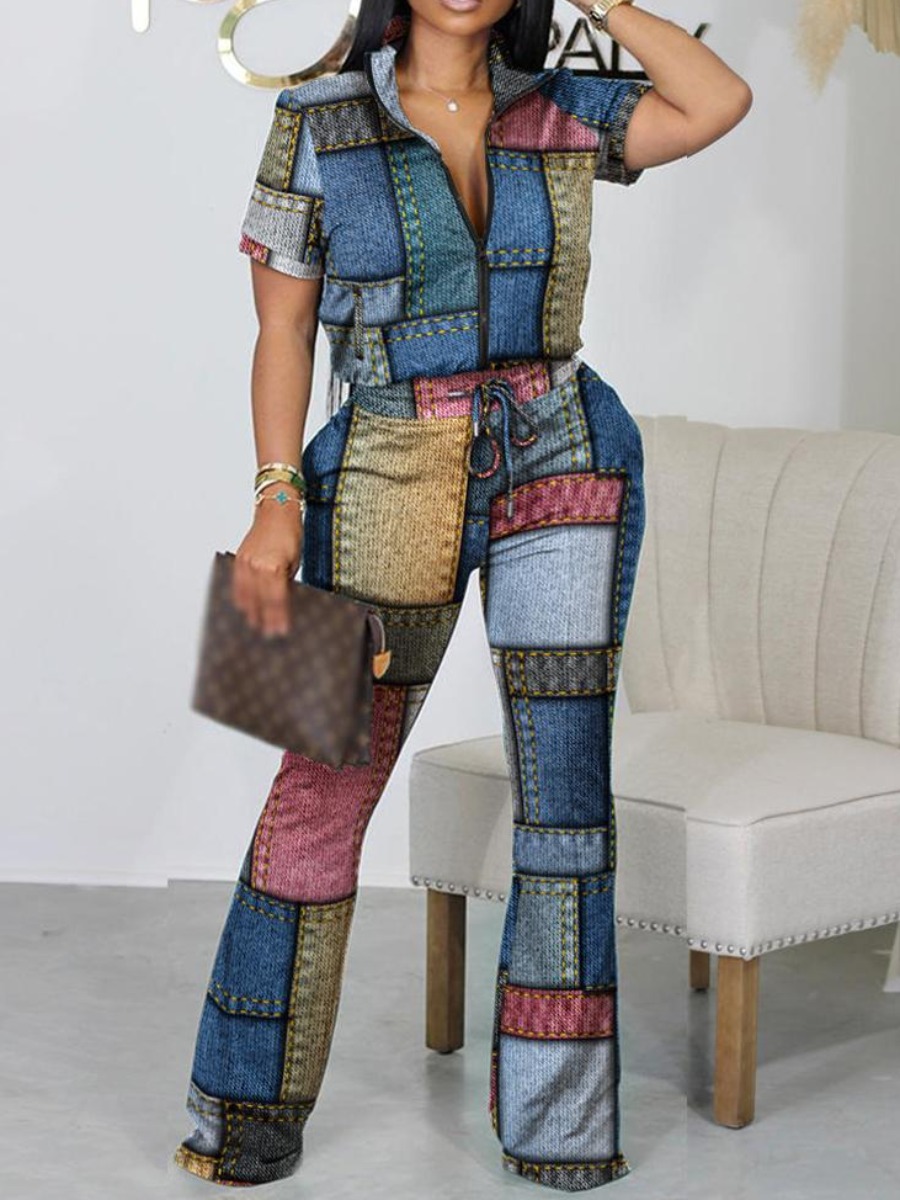 LW Imitation Denim Patchwork Drawstring Flared Pan