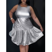 LW BASICS Plus Size Round Neck Ruffle Design Dress