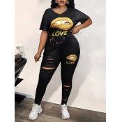 LW Plus Size Lip Letter Print Ripped Pants Set