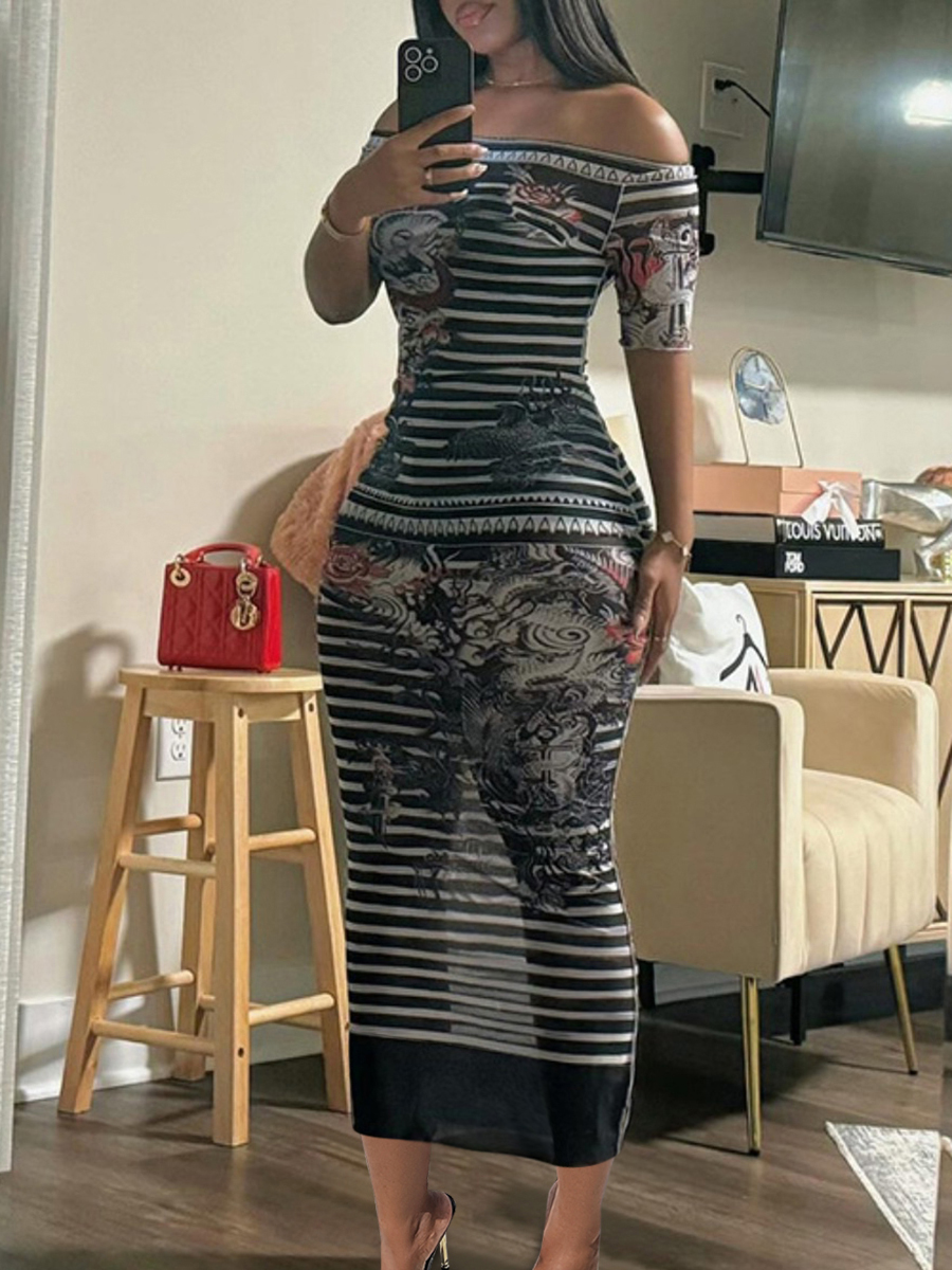 LW Off The Shoulder Mixed Print Striped Skirt Set