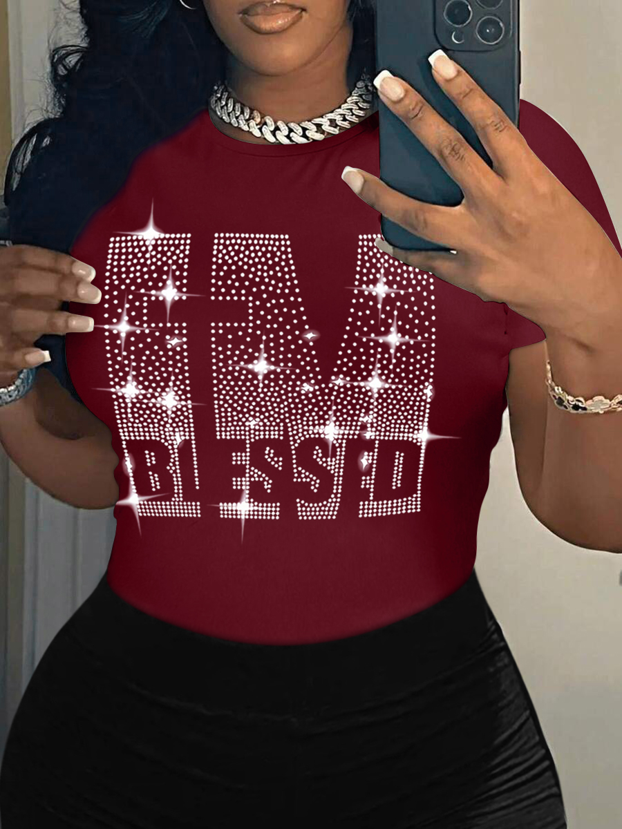 LW Plus Size Rhinestone Blessed Letter T-shirt 2X