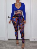 LW Bandage Design Mixed Print Two-piece Pants Set
