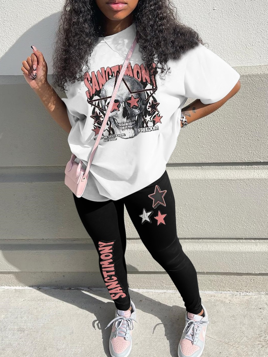 LW Skull Head Star Letter Print Pants Set