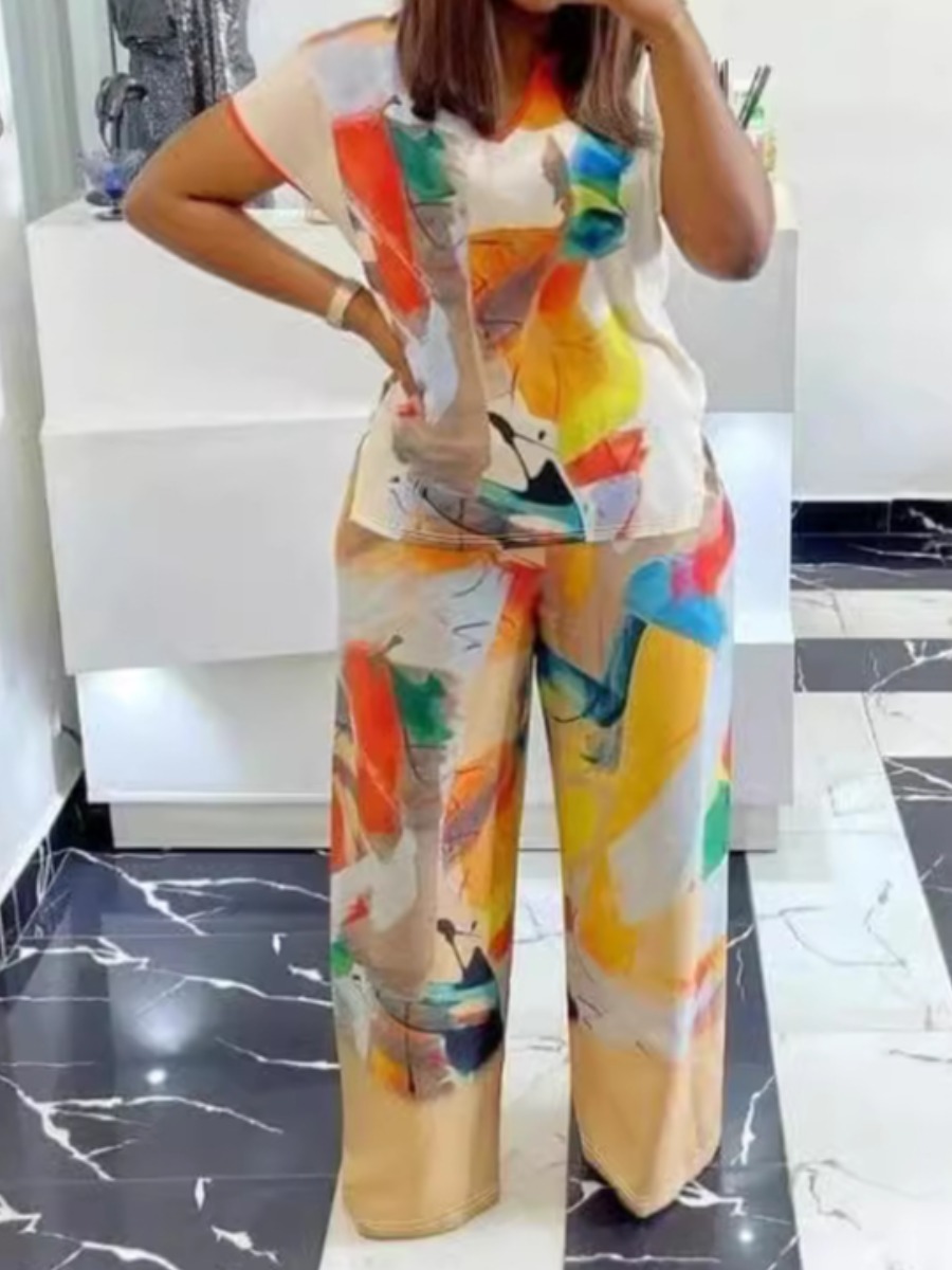 LW Plus Size V Neck Mixed Print Wide Leg Pants Set