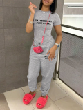 LW BASICS Casual Sweat Round Neck Letter Short Sleeve Two-piece Pants Set