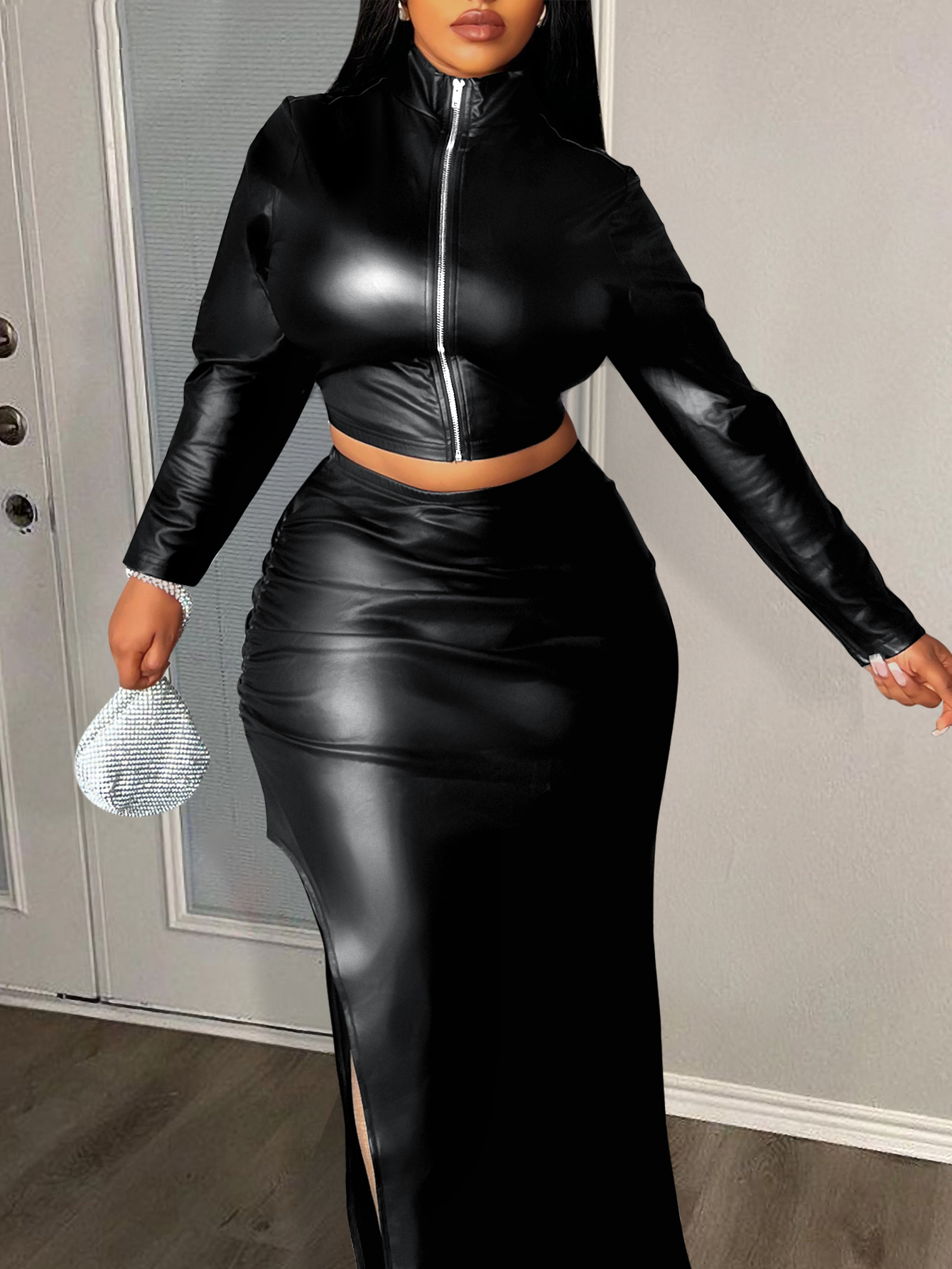 LW Plus Size Faux Leather Turtleneck Thigh Slit Skirt Set 1X