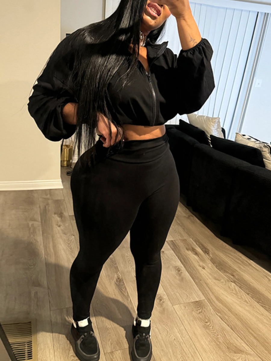 LW BASICS Drawstring Solid Color Two-piece Pants Set