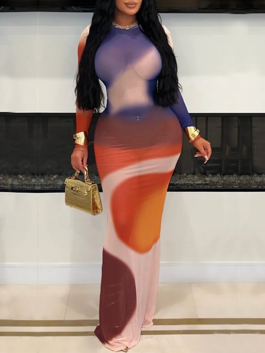 LW Asymmetrical Geometric Pattern Maxi Dress