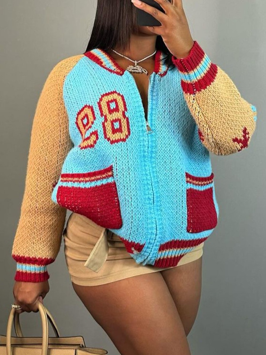 LW Zipper Design Pattern Color Block Coat&Jacket