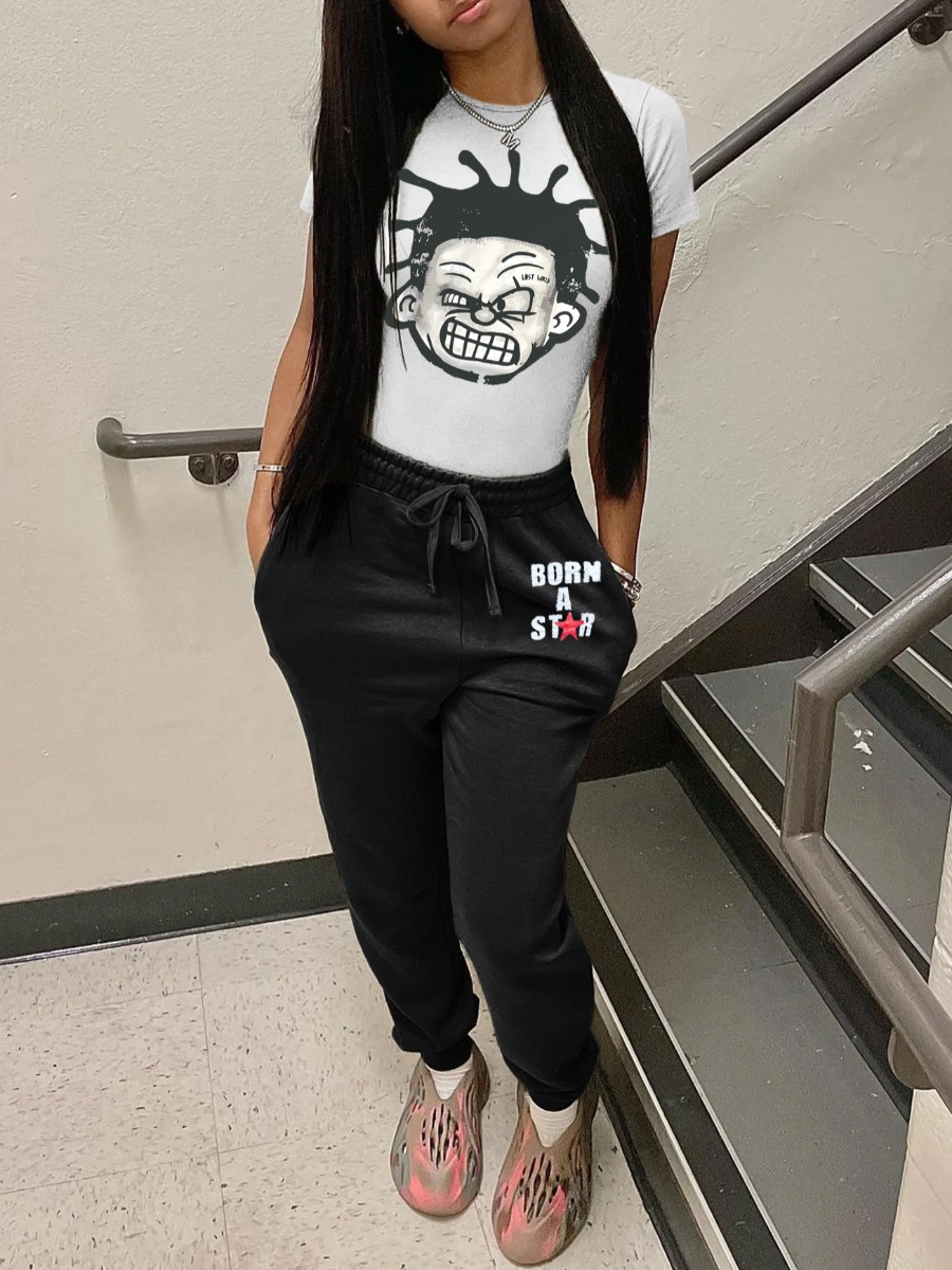 LW Pattern Cartoon Print Two-piece Pants Set