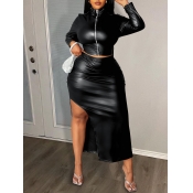 LW Plus Size Faux Leather Turtleneck Thigh Slit Sk