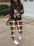 LW Casual Twilled Satin Round Neck Patchwork Mixed Print Three Quarter Two-piece Pants Set