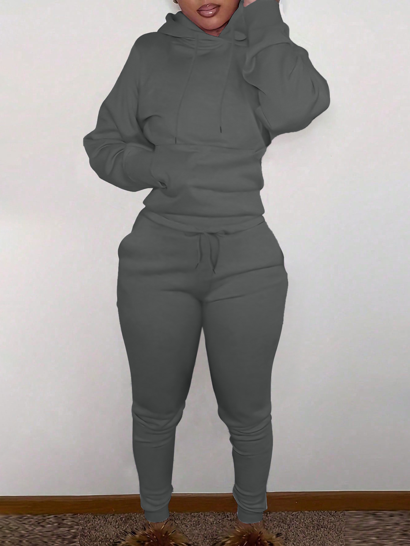 LW Casual Sweat Hooded Collar Lace Up Solid Color Long Sleeve Two-piece Pants Set