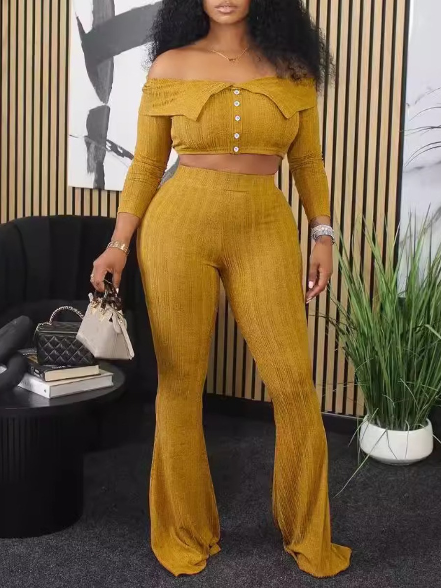 LW BASICS Casual Polyester Turndown Collar Breasted Solid Color Long Sleeve Two-piece Pants Set