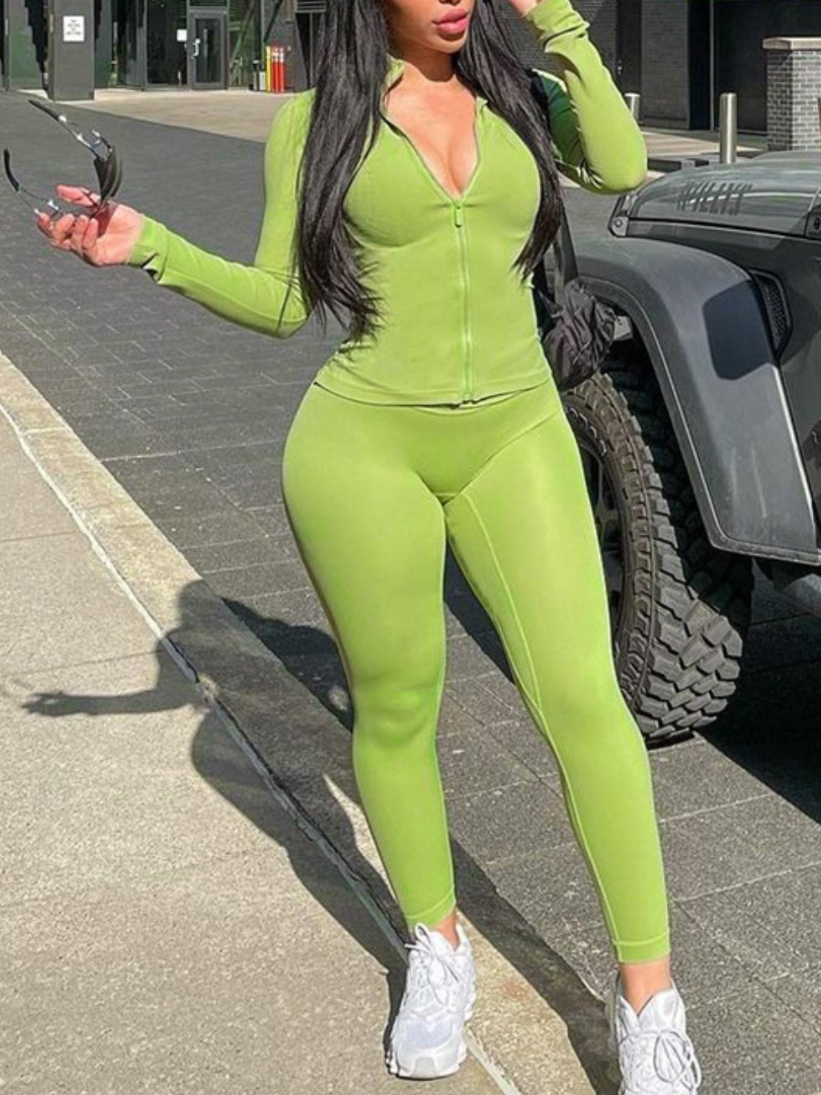 LW BASICS Casual Polyester Mock Neck Solid Color Long Sleeve Two-piece Pants Set