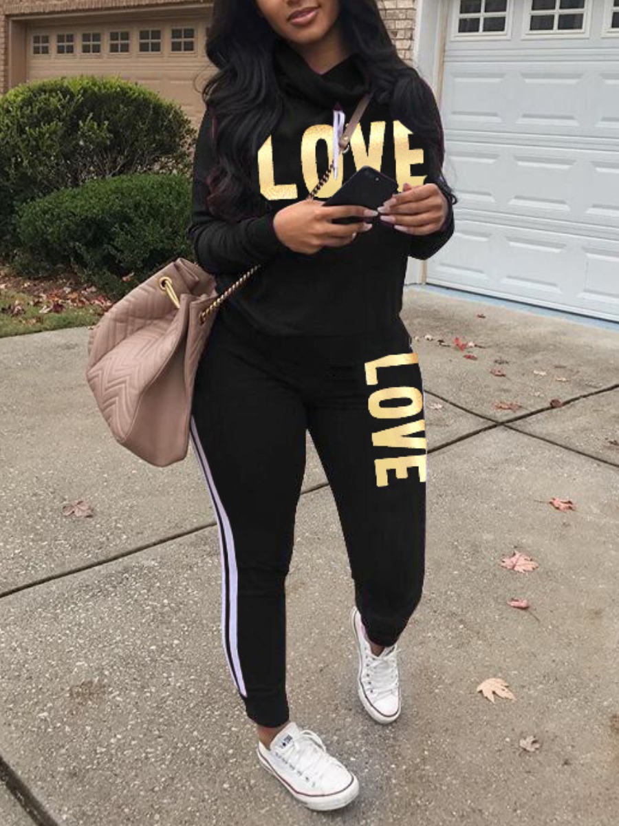 LW Casual Polyester Surplice Neck Pattern Letter Long Sleeve Two-piece Pants Set