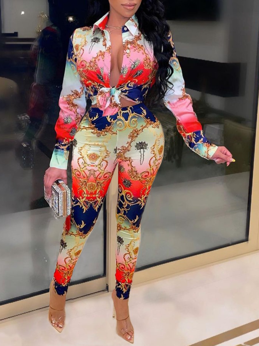 LW Casual Polyester Turndown Collar Pattern Geometric Long Sleeve Two-piece Pants Set