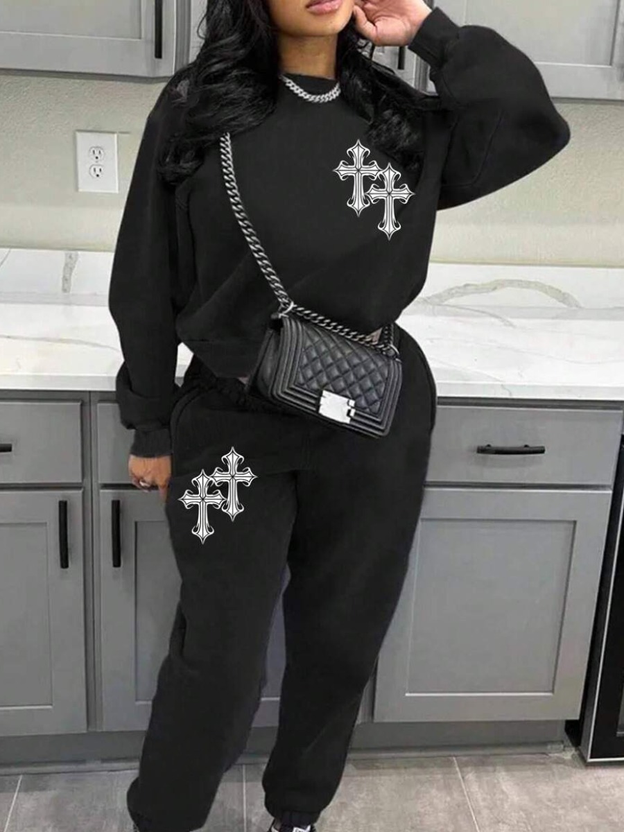 LW Casual Polyester Round Neck Pattern Geometric Long Sleeve Two-piece Pants Set