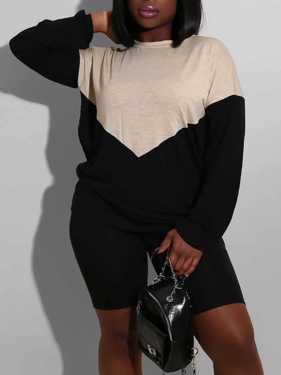 LW Casual Polyester Round Neck Color Block Contras