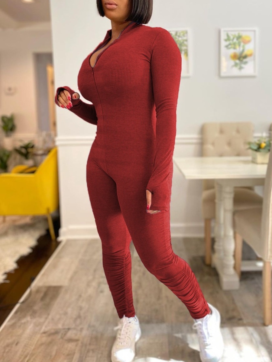 LW BASICS Zipper Design Solid Color Jumpsuit