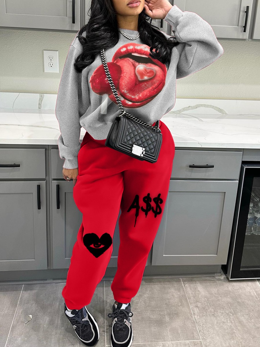 LW Street Polyester Round Neck Pattern Lip Print L