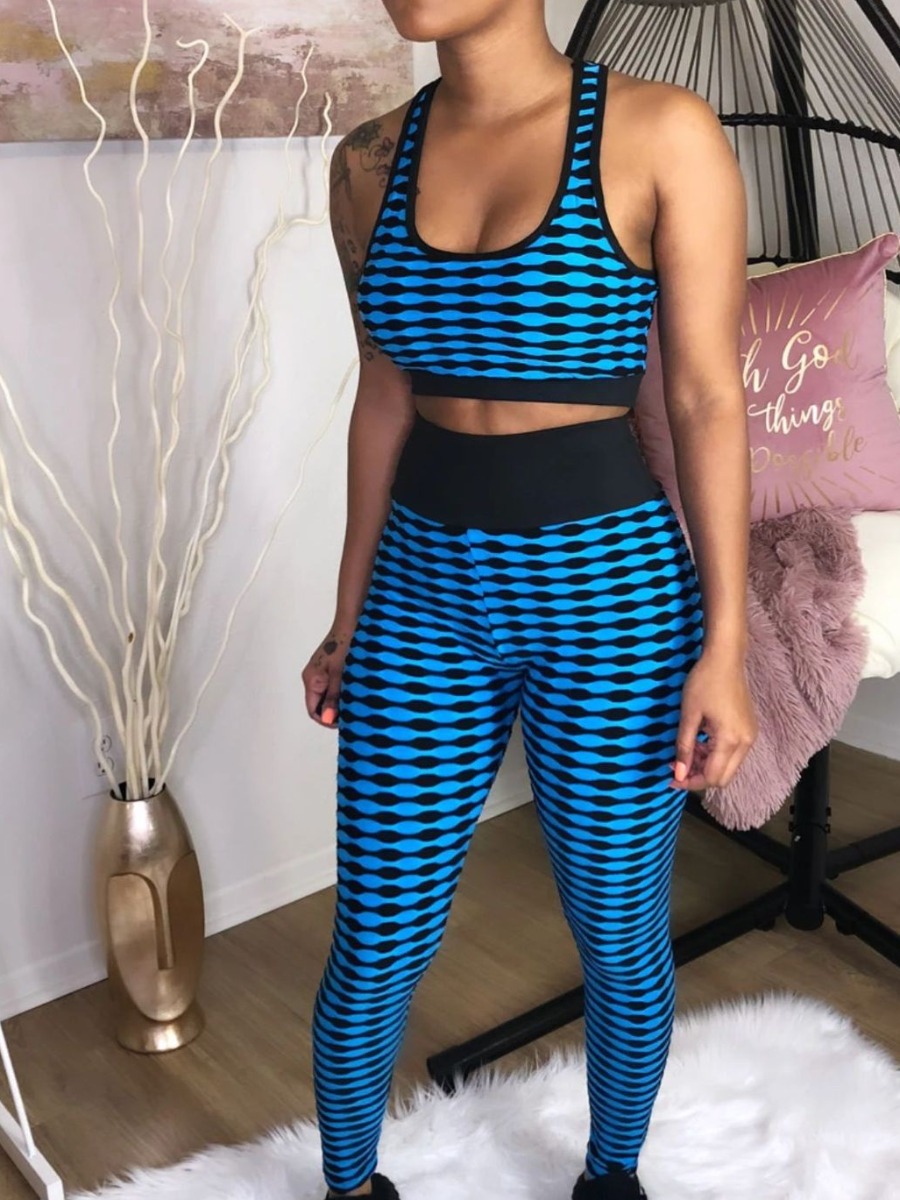 LW Casual Polyester U Neck Pattern Plaid Sleeveless Two-piece Pants Set