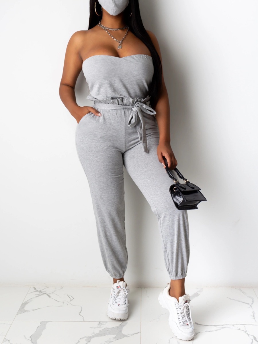 LW BASICS Bandage Design Solid Color Jumpsuit