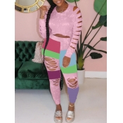 LW Sweet Polyester Round Neck Ripped Color Contras